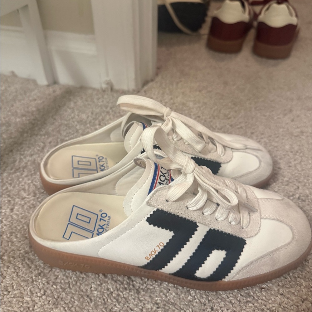 Back 70 White & Navy Retro Sneaker Mules